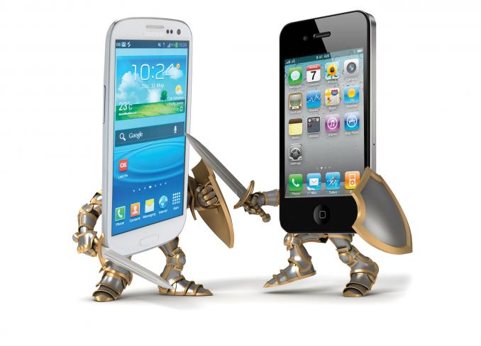 Samsung Galaxy and Apple iPhone battle with swords
