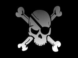 pirate skull with cross bones in background