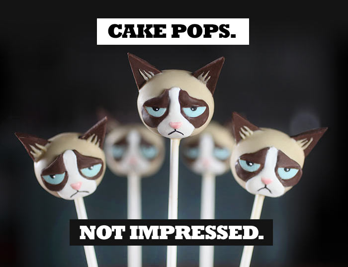 Collection of Grumpy Cat Cake Pops with the caption "cap pops. not impressed"