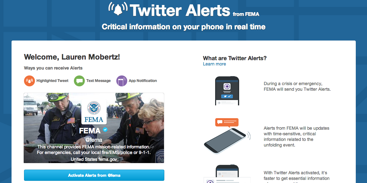 Screenshots of FEMAs twitter alerts subscription page