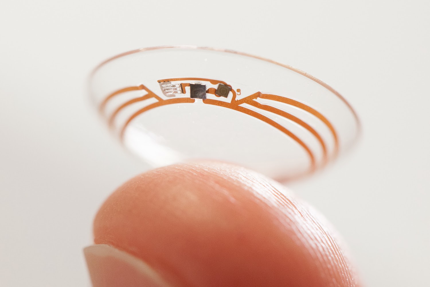Closeup of a Google smart lens with glucose monitor