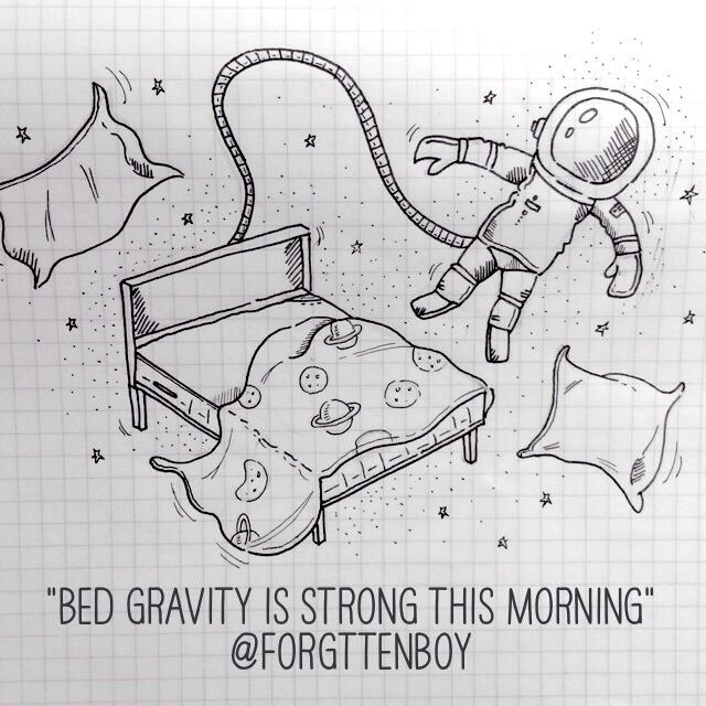 drawing of bed gravity keep an astronaut stuck to his bed